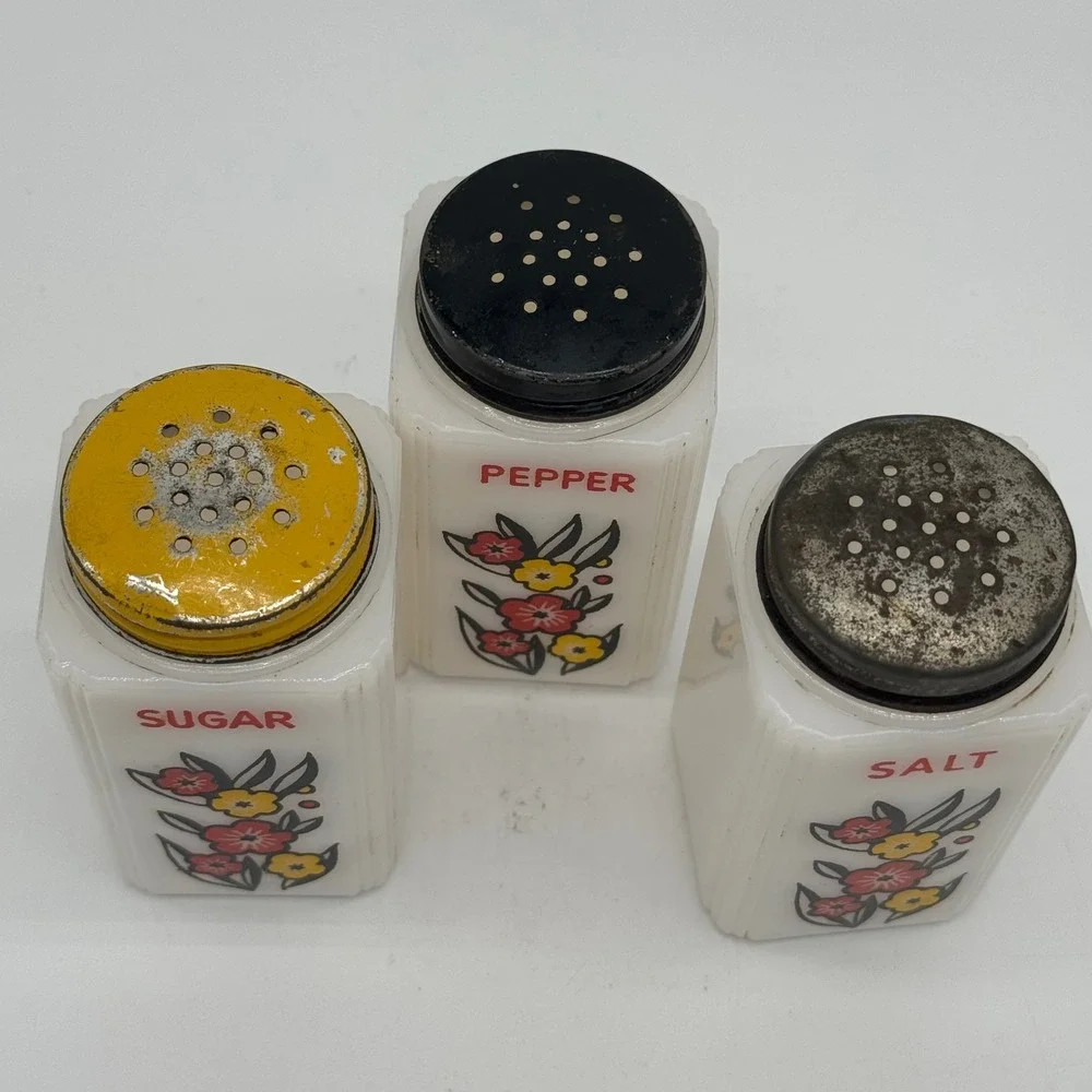 Vintage McKee Tipp City Milk Glass Sugar Salt Pepper Range Shaker Set Flower 40s
